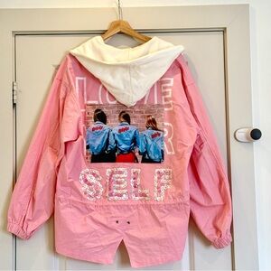 Pink Oversized Jacket Zip & Button Front, Removable Hood, Adjustable Waist, Sz M